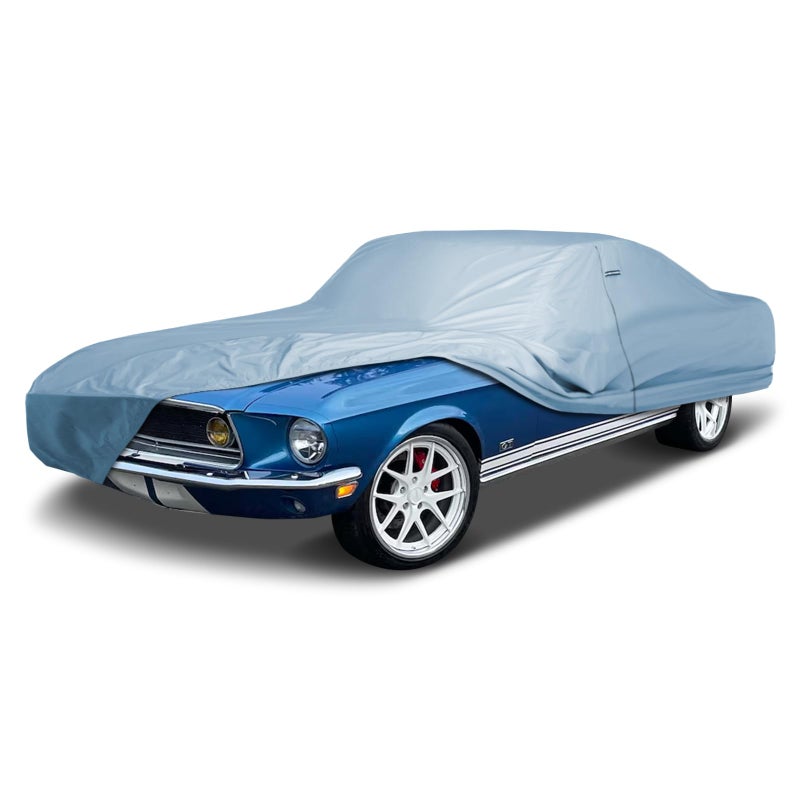 iCarCover غطاء سيارة مخصص iCarCover متوافق مع موستانج 1964-1968، مقاوم للماء لجميع الأحوال الجوية، واقي من المطر والثلج والأشعة فوق البنفسجية والشمس، يغطي السيارة بالكامل داخليًا وخارجيًا، لون واحد (رمادي صلب) - Image 1